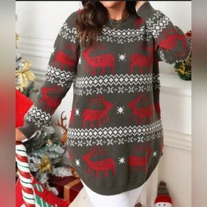 Rolled Crew Neck Reindeer Gray Holiday Sweater size Large